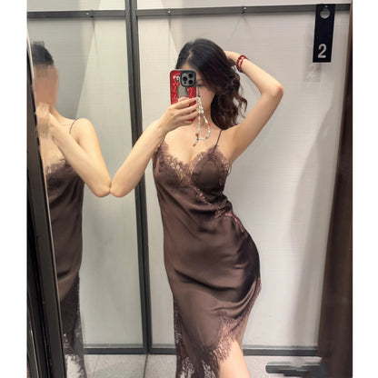 Silk Texture Sexy Lace Asymmetric Sling Dress