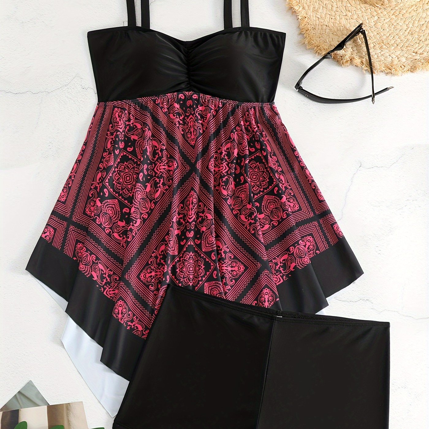 Plus Size Tribal Print One-Piece Swimsuit - Off Shoulder Bandeau Swimwear for Women