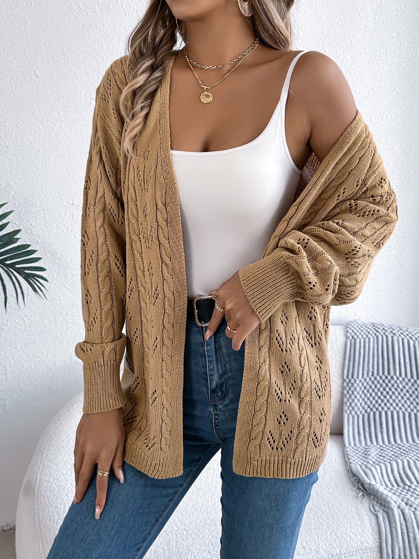 Women Casual Solid Color Hollow Out Long Sleeve Cardigan Sweater Coat