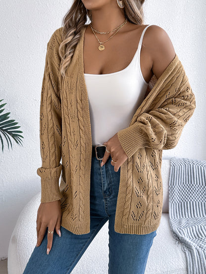 Women Casual Solid Color Hollow Out Long Sleeve Cardigan Sweater Coat
