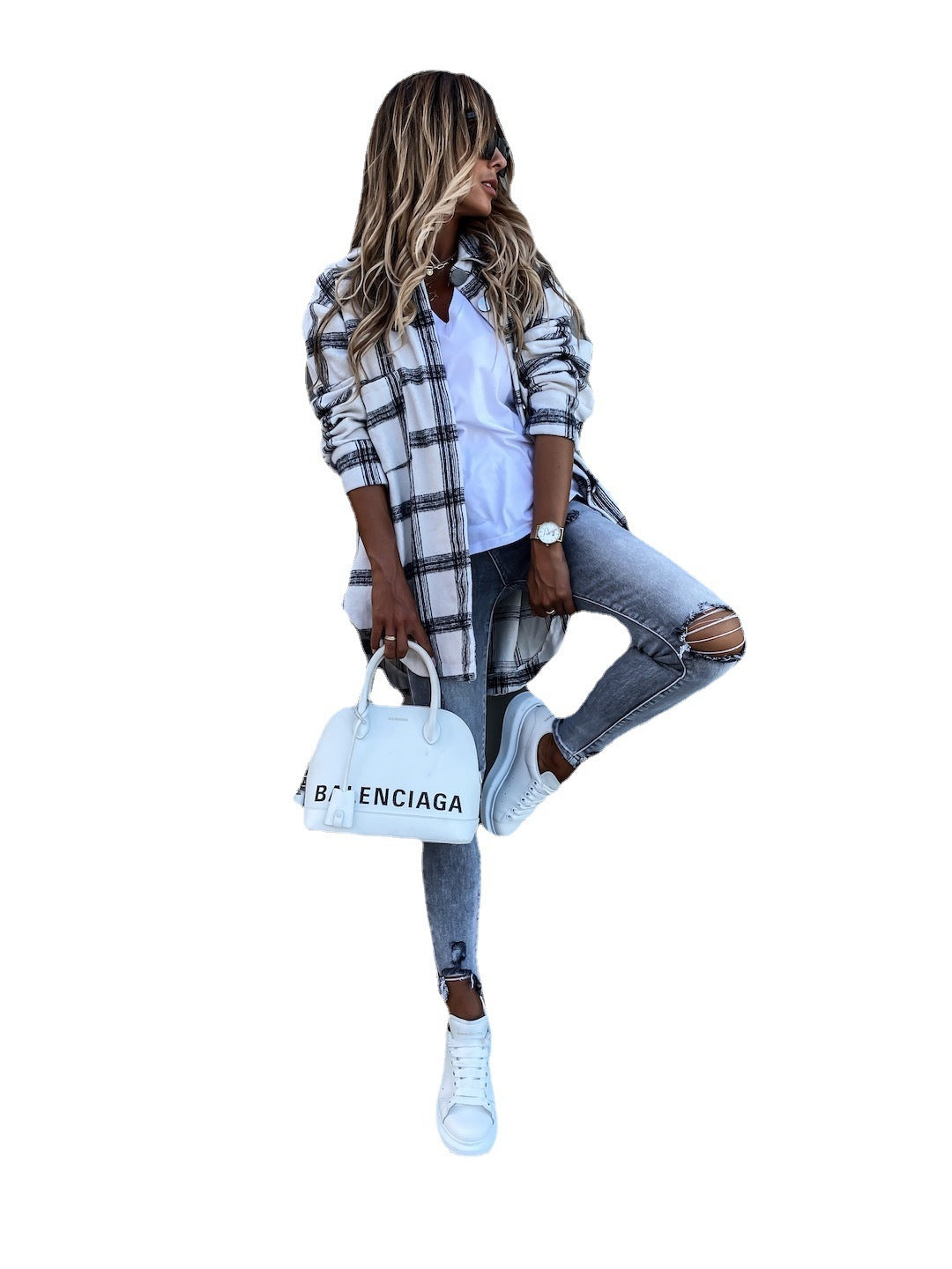 Long Sleeve Plaid Shirt Mid-length Coat
