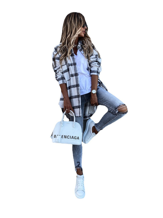 Long Sleeve Plaid Shirt Mid-length Coat