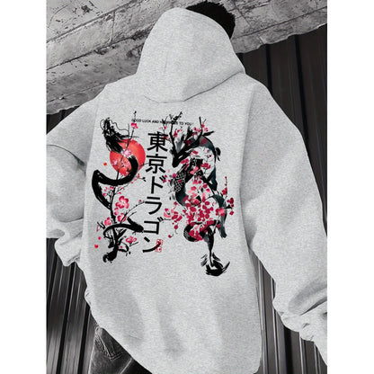 Japanese-style Pattern Hoodie, Light Gray Pullover