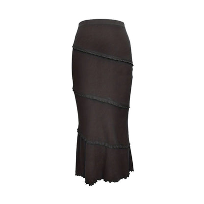 Womens Solid-Color Multi-Layer Patchwork Ruffle-Trim Knitted Fishtail Skirt