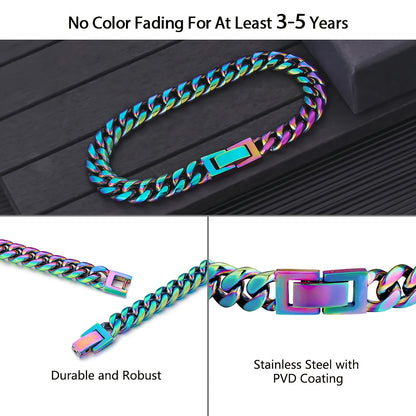 8mm Rainbow Miami Cuban Link Bracelet Necklace For Men