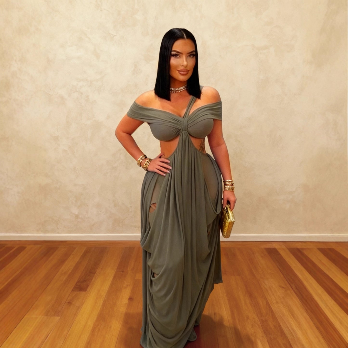 Solid-color Tube Top Hollow-out Sheer Mesh Long Dress For Women