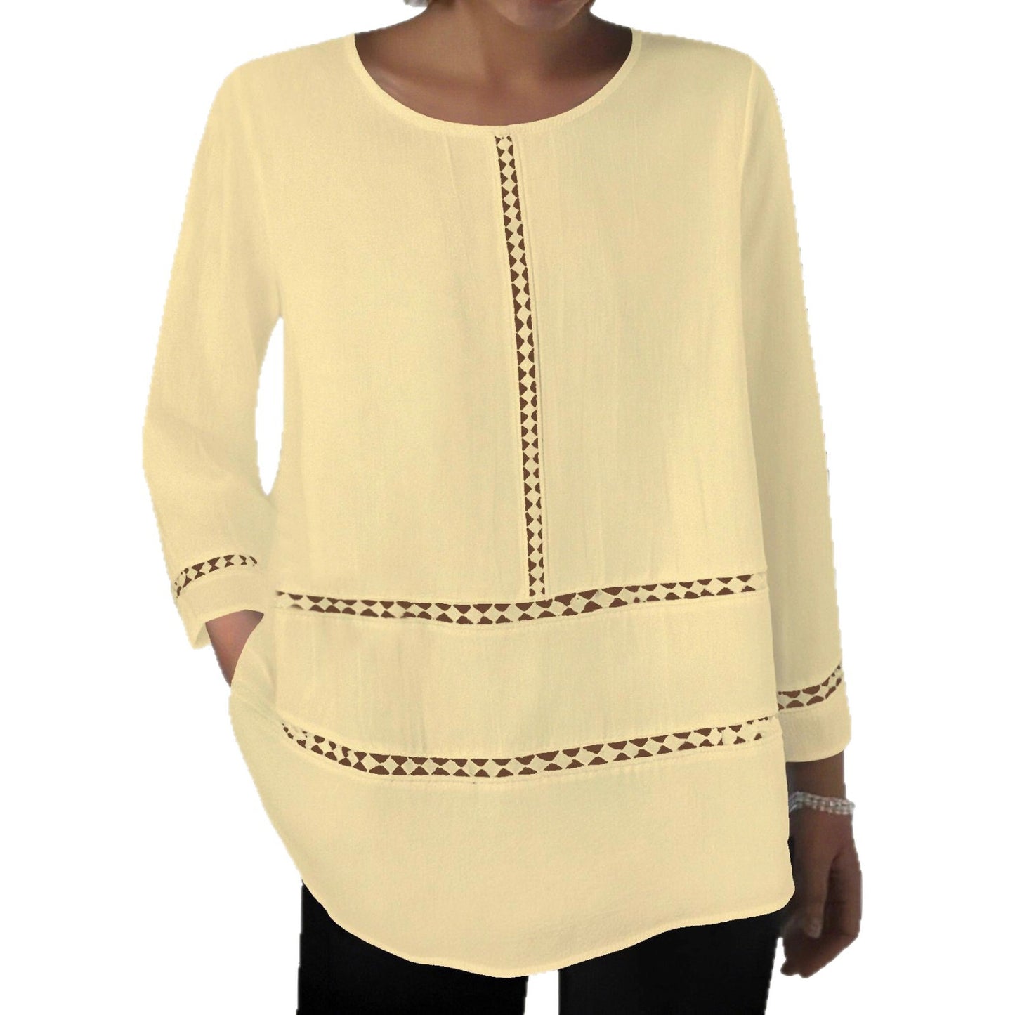 Versatile Women's Round-neck Semi-sheer Hollow-out Long-sleeve Shirt