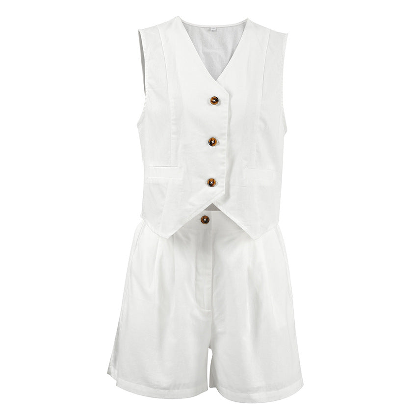 French-style Cotton-linen V-neck Sleeveless Minimalist Solid-color Set