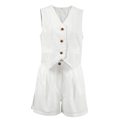 French-style Cotton-linen V-neck Sleeveless Minimalist Solid-color Set