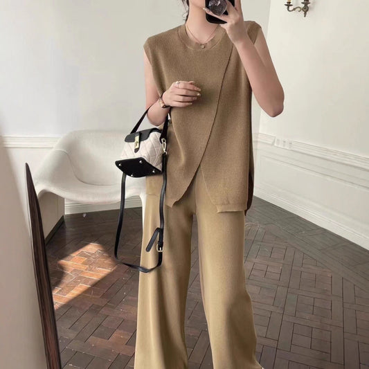 Sleeveless Crew-Neck Slim-Fit Striped Knit Top And Wide-Leg Pants Set