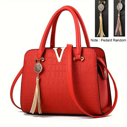 Crocodile Pattern Satchel Bag, Tassel Decor Double Handle Purse, Women's Shoulder Bag For Work