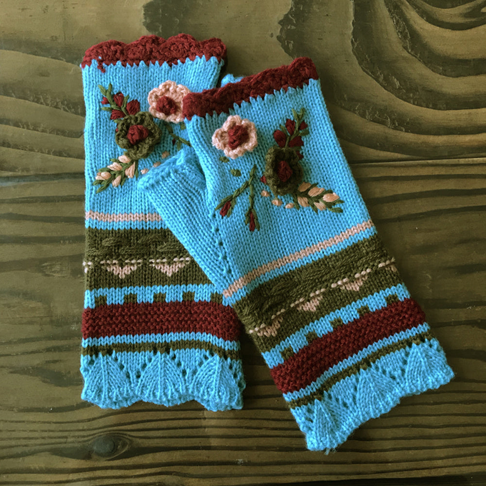 Handmade Crochet Fingerless Gloves - Vintage Embroidered Arm Warmers for Women