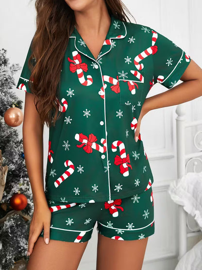 Cute Cartoon Pajama Set With A Turn-down Collar Short Sleeves