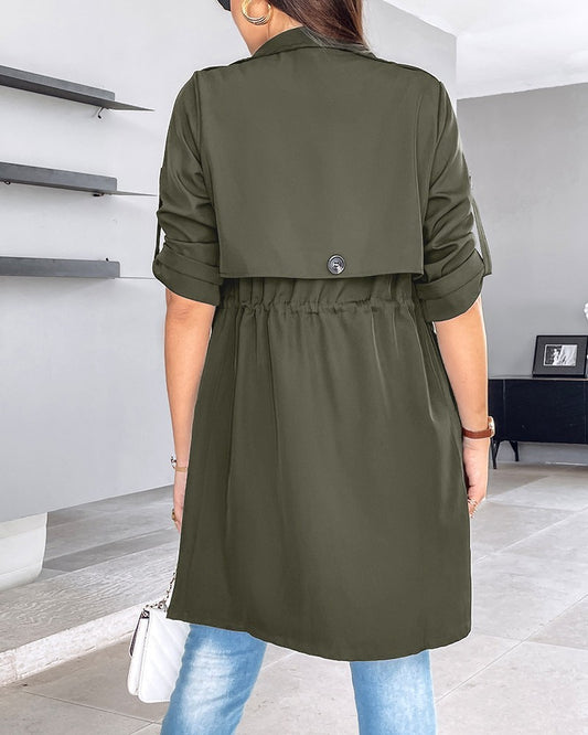 Loose Solid Color Waist Tight Rolled Sleeves Mid-length Trench Coat For Women