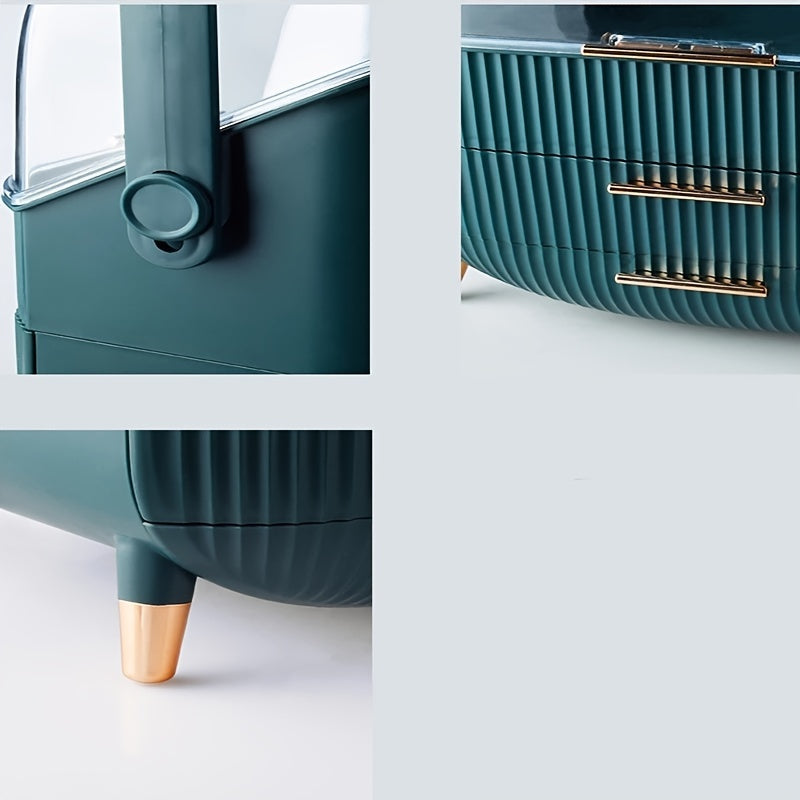 1pc Plastic Cosmetic Storage Box, Lightweight, Tension Mount, Multi-functional with Cover & Drawer, Waterproof & Dust-proof, for Bathroom & Desktop Makeup Organizer