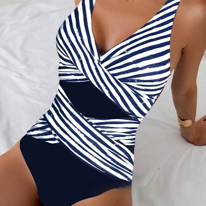 Women's Sleeveless Summer Casual Striped One-piece Tight Swimsuit