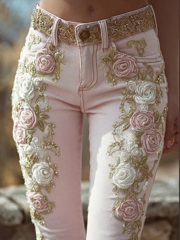Women's Retro Pink Rose Embroidered Artistic Printed Jeans Elegant