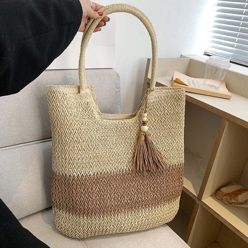 Women's Fashion Simple Tassel Decoration Shoulder Woven Bag