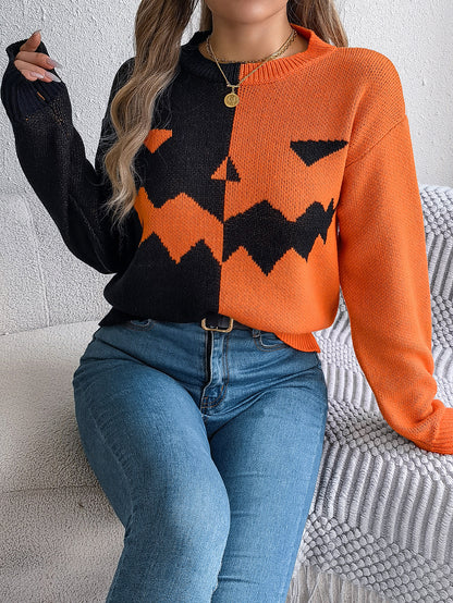 Women Ghost Pumpkin Color Block Long Sleeve Pullover Sweater