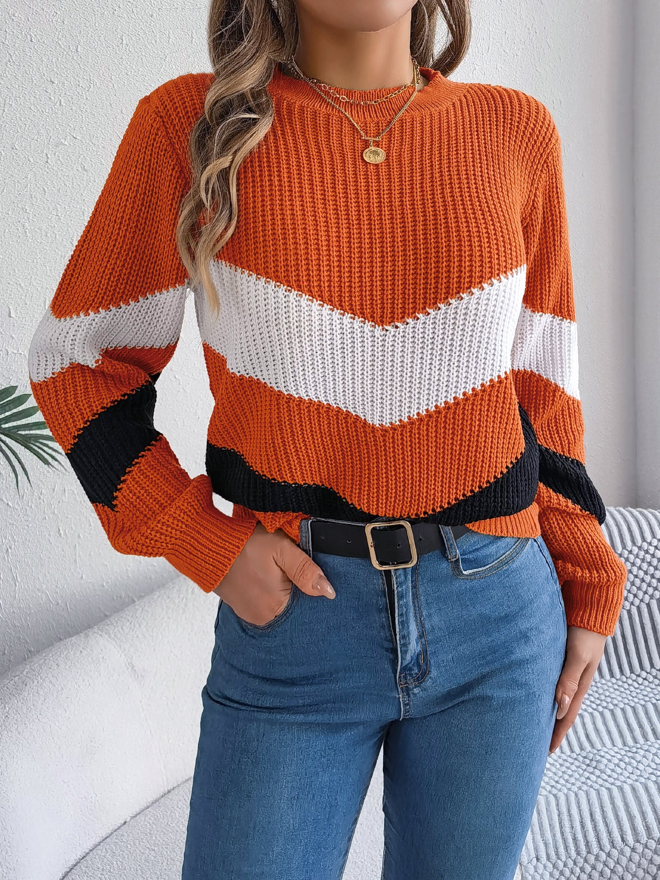 Women Casual Color Block Lantern Sleeve Pullover Sweater