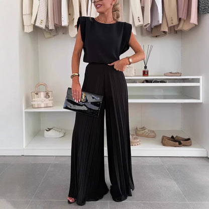 Round Neck Sleeveless Top Pleated Wide-leg Trousers Two-piece Set