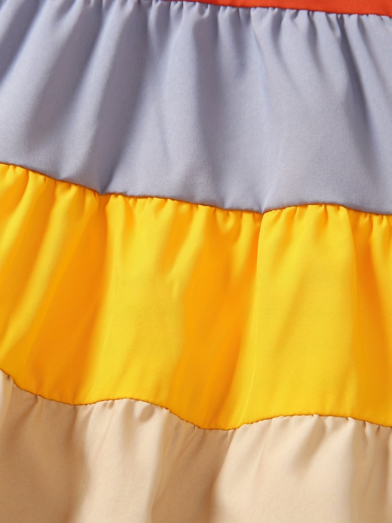 Girls' Spaghetti Strap Color-Blocked Rainbow Cake Dress - Perfect for Outdoor Occasions.