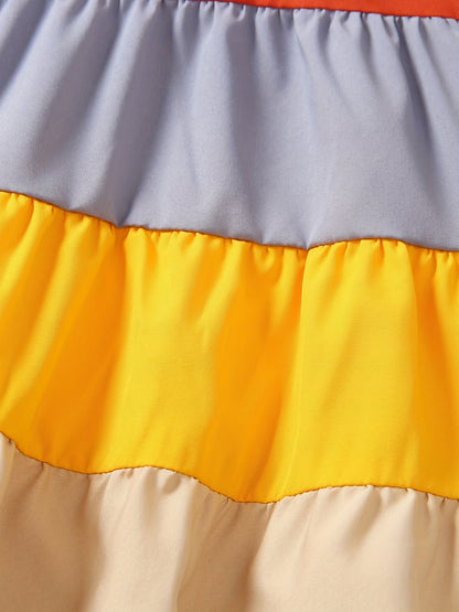 Girls' Spaghetti Strap Color-Blocked Rainbow Cake Dress - Perfect for Outdoor Occasions.