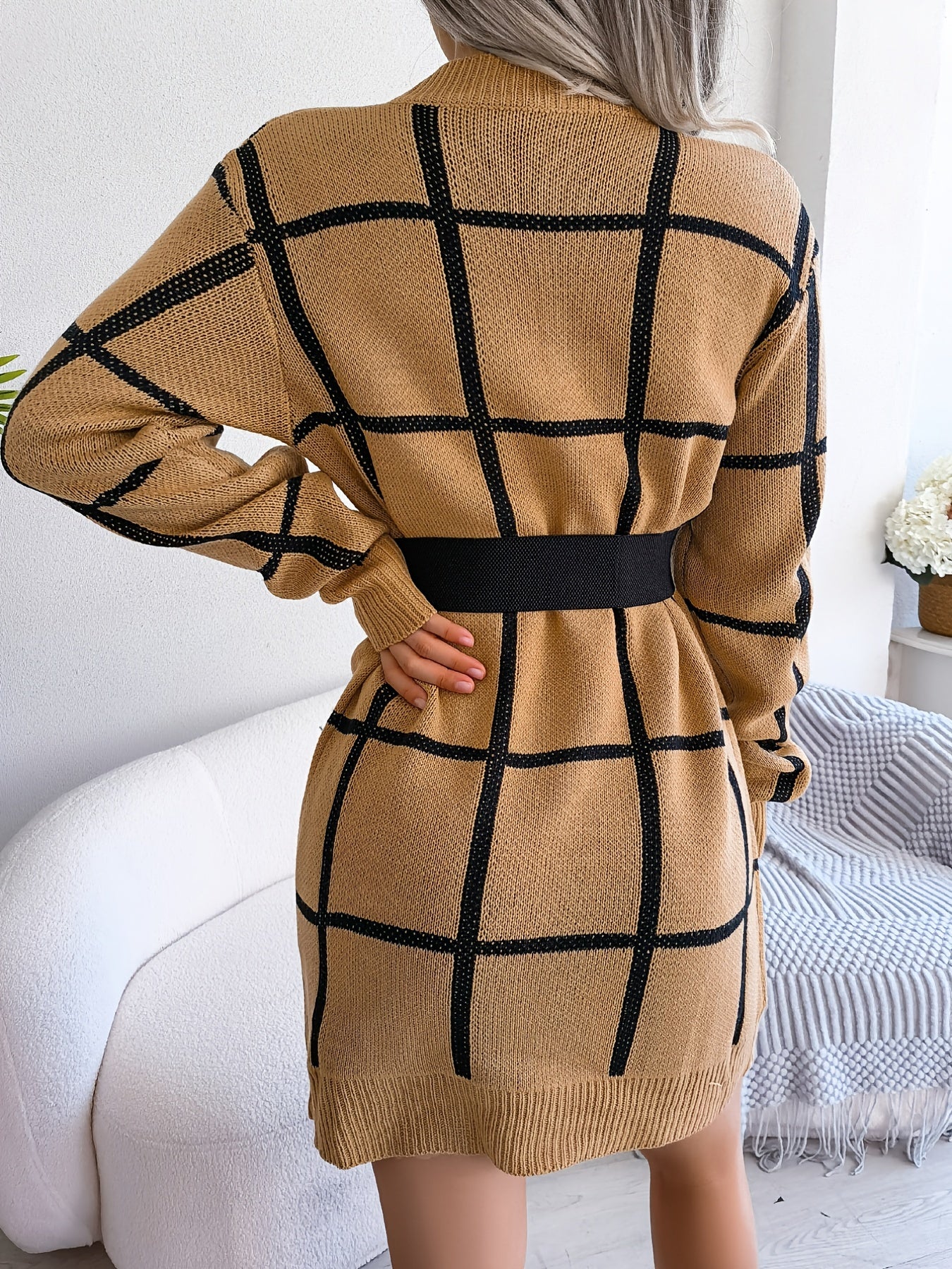 Premium Color Block Plaid Sweater Dress - Women's Long Sleeve Casual Bodycon Dress