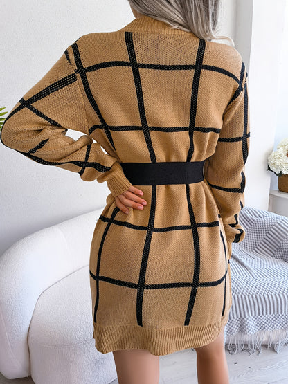 Premium Color Block Plaid Sweater Dress - Women's Long Sleeve Casual Bodycon Dress