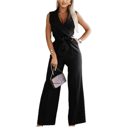 Women's Sleeveless Lapel-collar Wide-leg Jumpsuit With Belt And Pockets