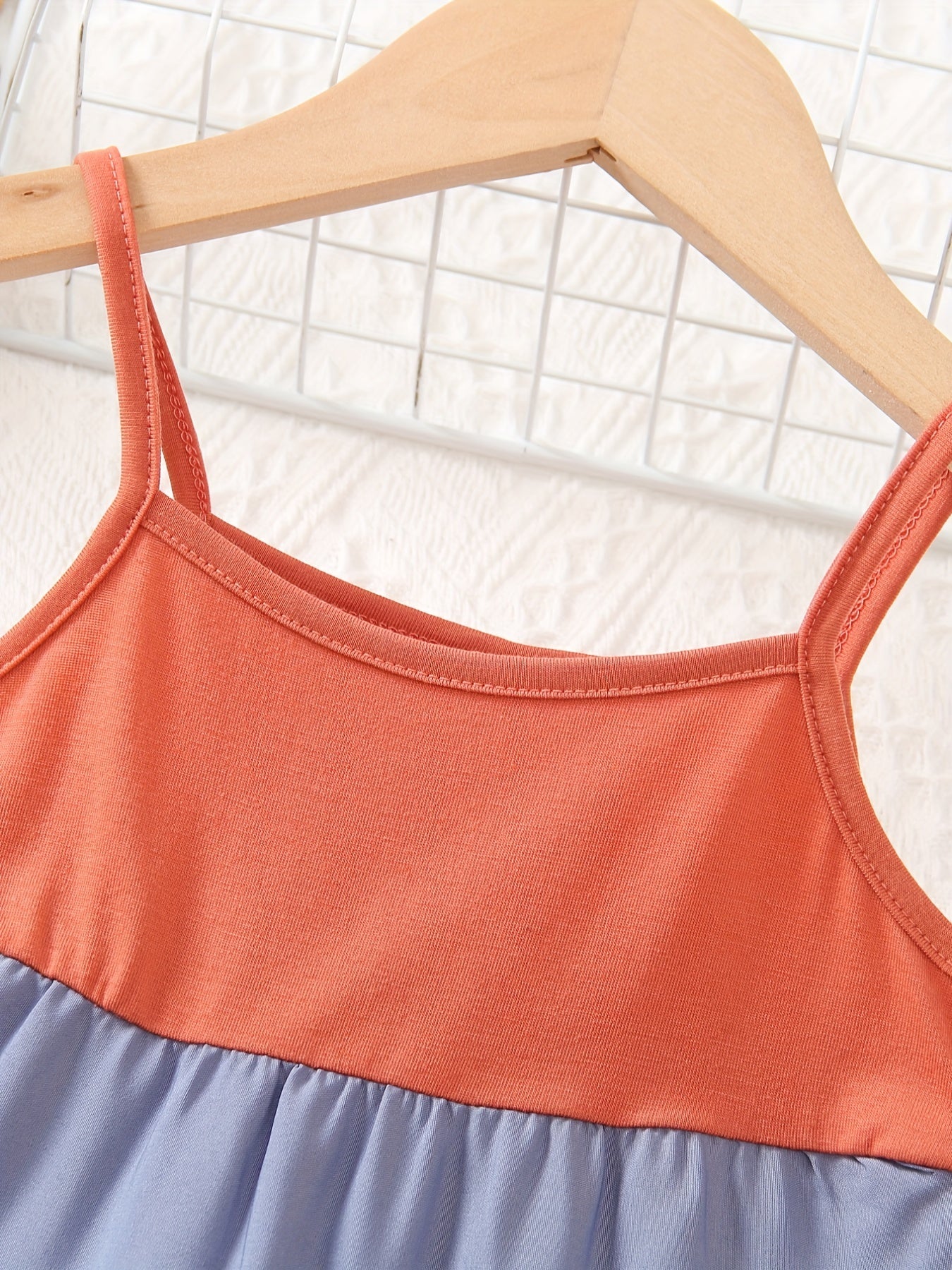 Girls' Spaghetti Strap Color-Blocked Rainbow Cake Dress - Perfect for Outdoor Occasions.