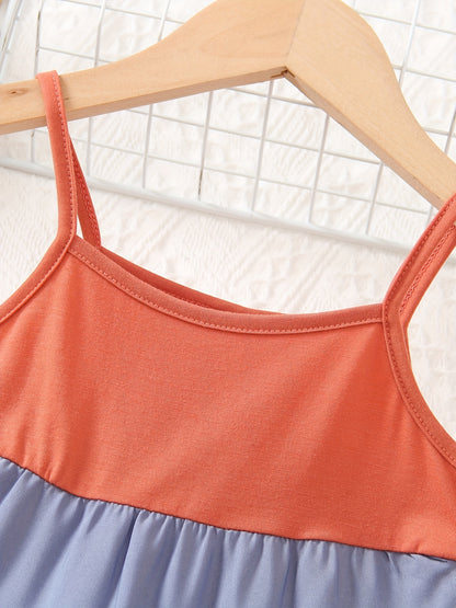 Girls' Spaghetti Strap Color-Blocked Rainbow Cake Dress - Perfect for Outdoor Occasions.