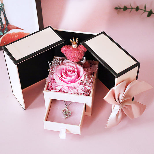 Mother's Day Gift Double Door Bear Rose Preserved Fresh Flower Jewelry Box