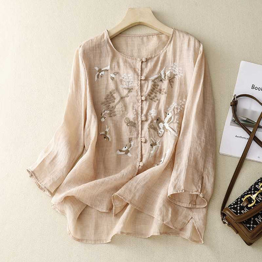 Women's Casual Embroidered Shirt Made Of Cotton And Linen