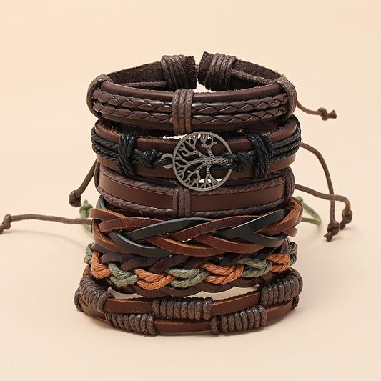 Men's Leather Bracelet Set - 6 Piece Tree of Life Braided Bracelets for Men | Retro Boho Style