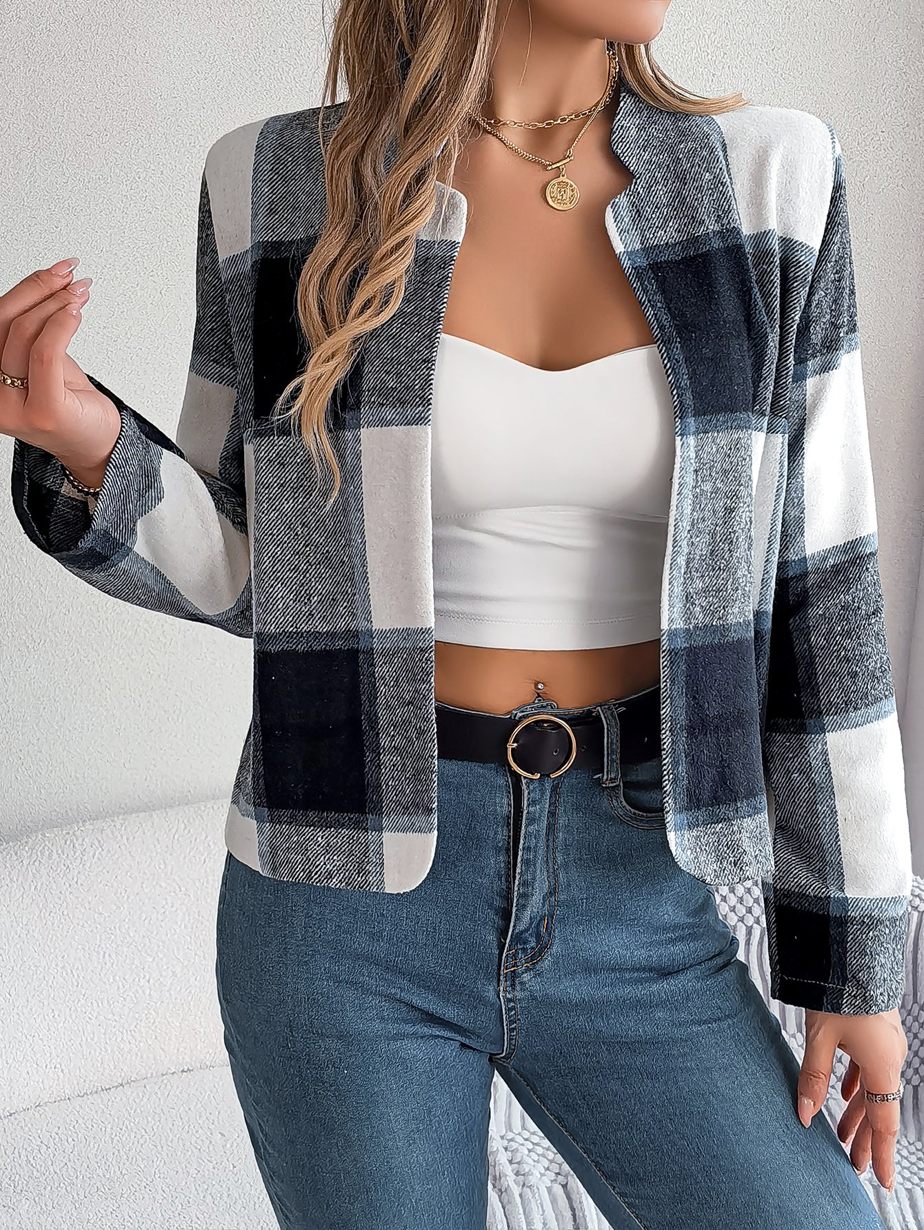 Women's Casual Plaid Long Sleeve Tweed Set