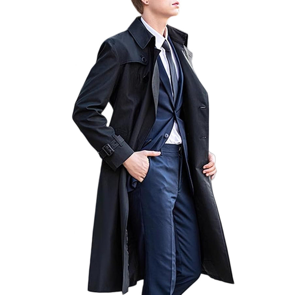 Premium Men's Long Trench Coat - Classic Solid Color Overcoat