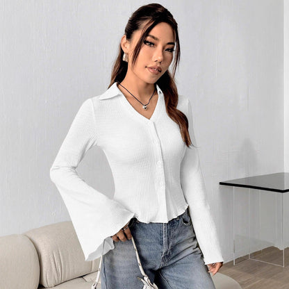 Shoulder Bell Sleeve Solid Color Long-sleeved Top