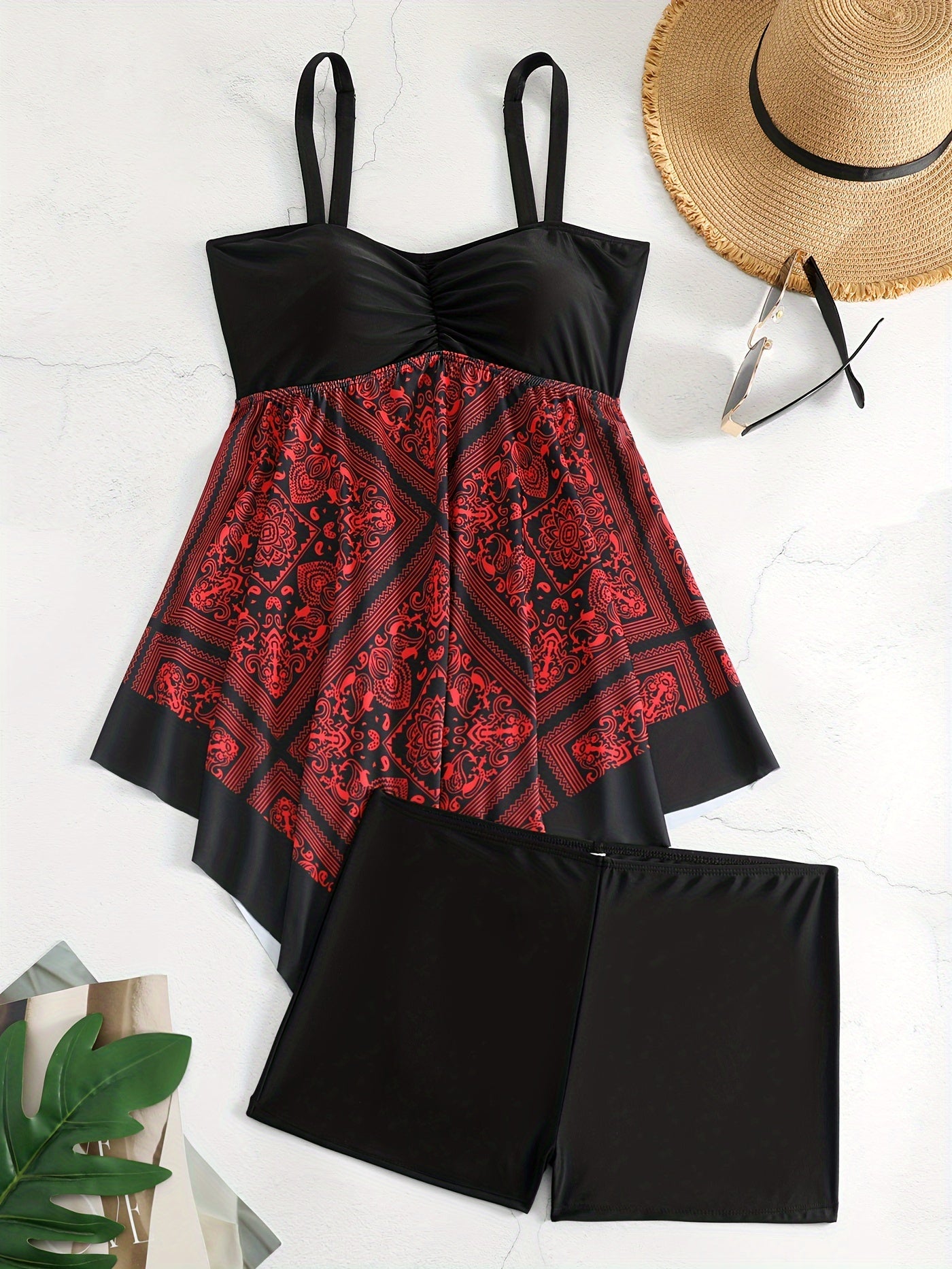 Plus Size Tribal Print One-Piece Swimsuit - Off Shoulder Bandeau Swimwear for Women