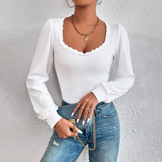 Women's V-neck Puff Sleeve Slim Fit Versatile T-shirt