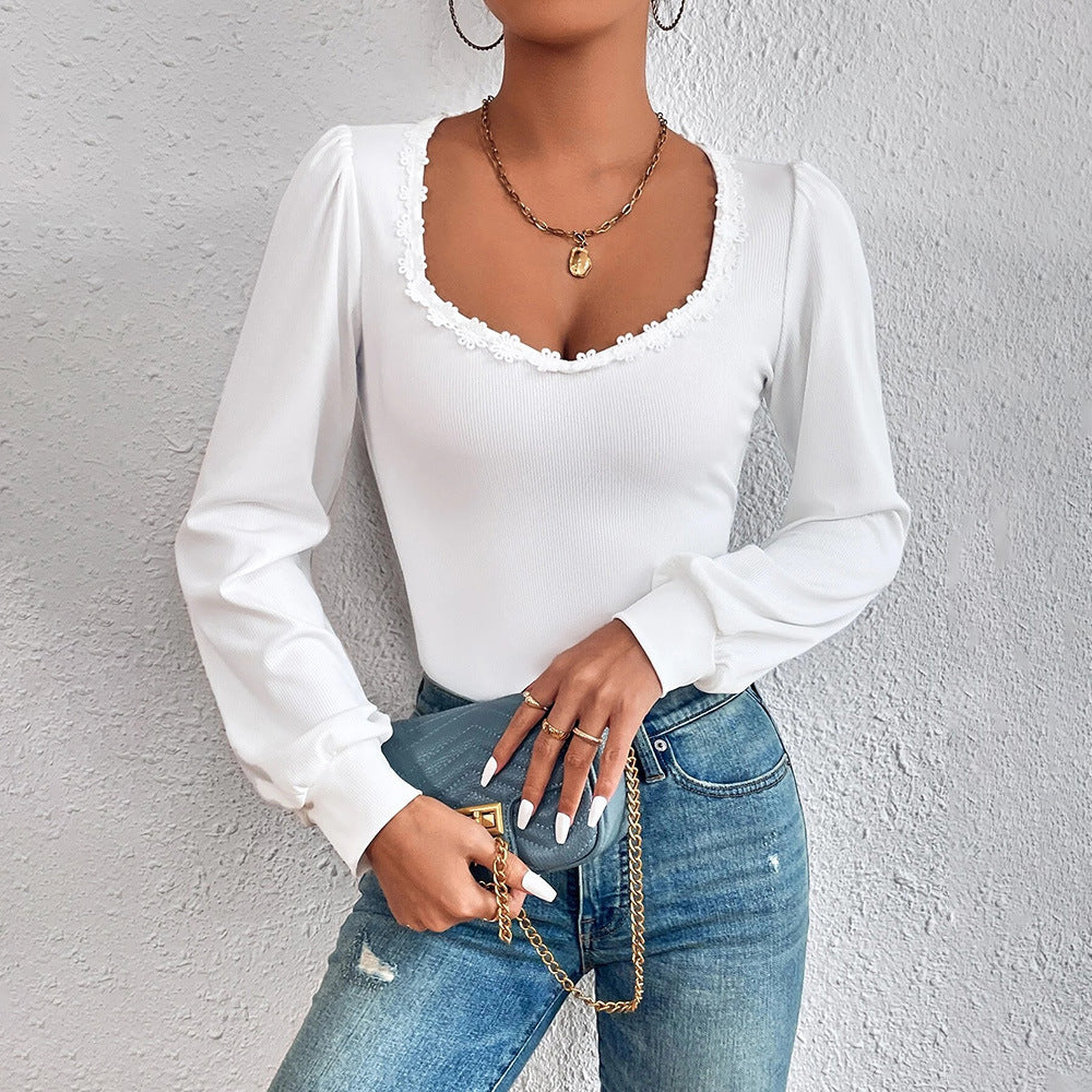 Women's V-neck Puff Sleeve Slim Fit Versatile T-shirt