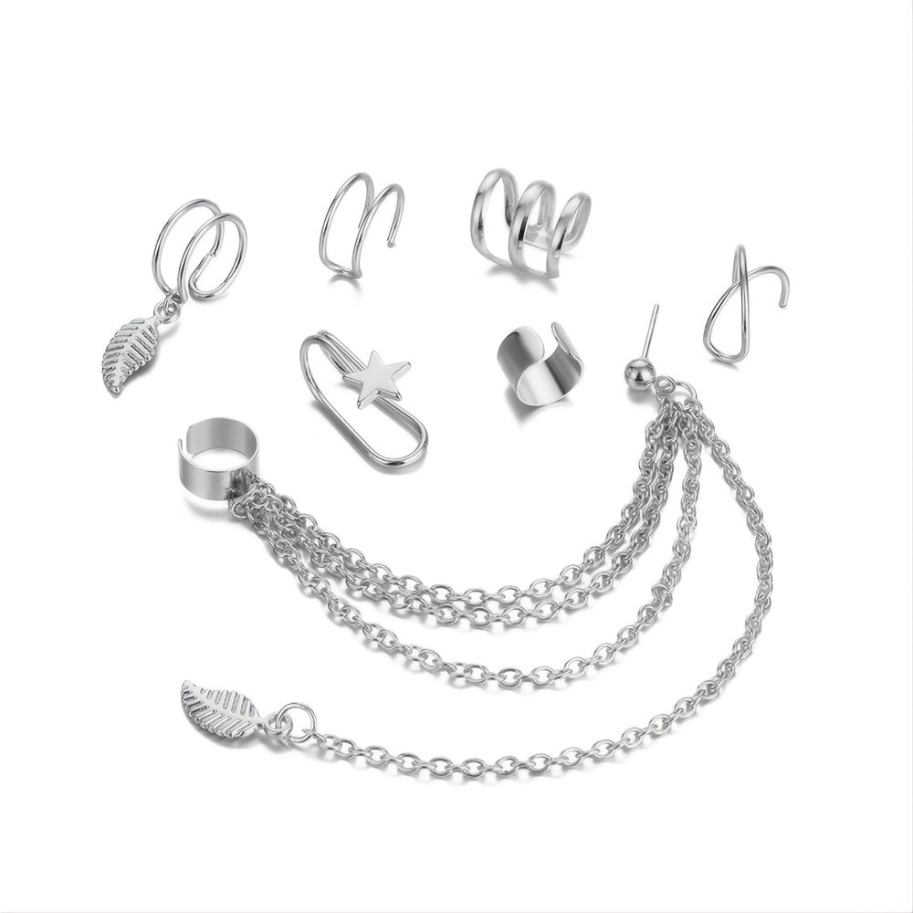 Set Of 7 Trendy Golden Leaf Tassel Earrings With C-shaped Geometric Star Ear Clips