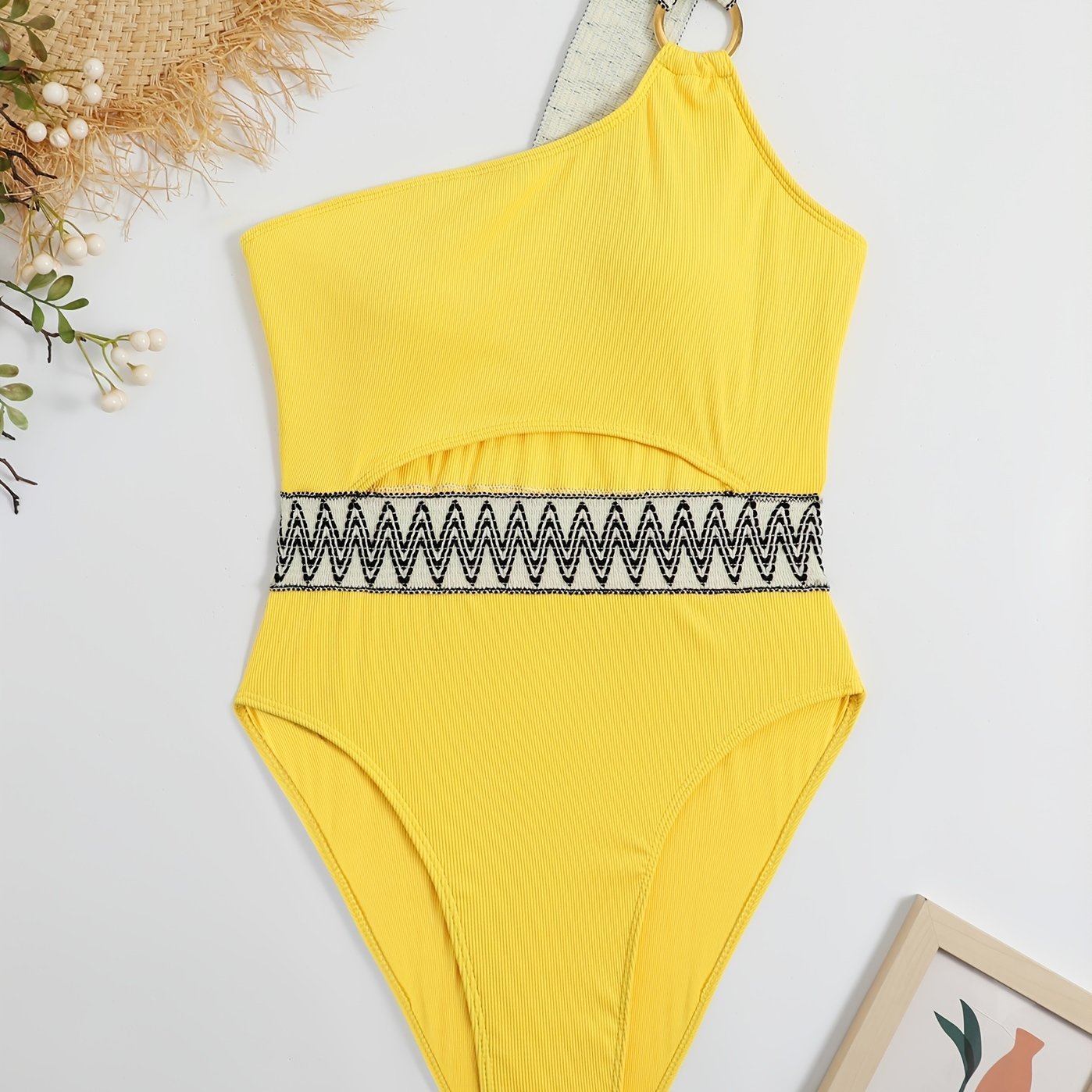 One Shoulder Cut Out Bathing Suit, Ring-Linked Asymmetrical Neck High Cut Bathing Suit, Women's Swimwear & Clothing