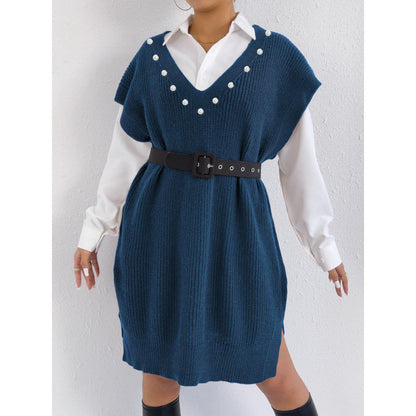 Preppy Style Casual Vest Dress V-neck Beaded Loose