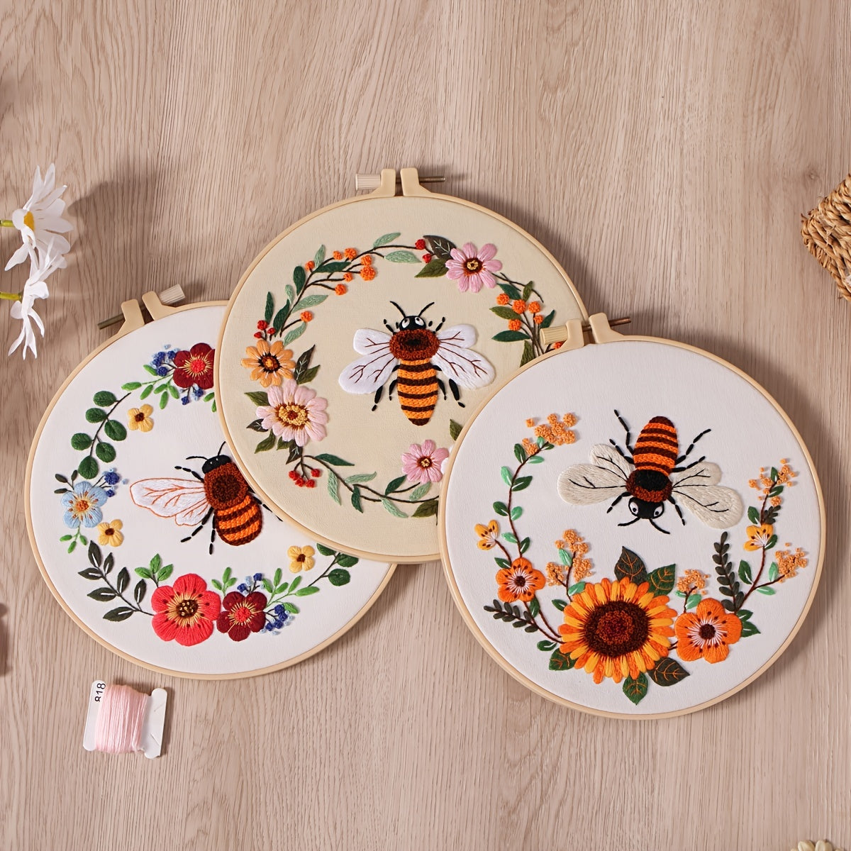 5set Embroidery Kit, Honeybee And Flowers, Include 1 Embroidery Hoop 7.9 Inch