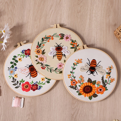 5set Embroidery Kit, Honeybee And Flowers, Include 1 Embroidery Hoop 7.9 Inch