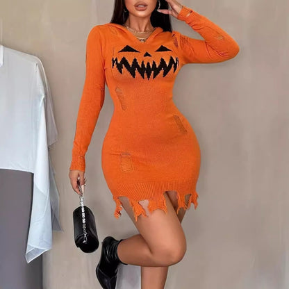 Women's Solid Color Hooded Halloween Fashion Tight Dress