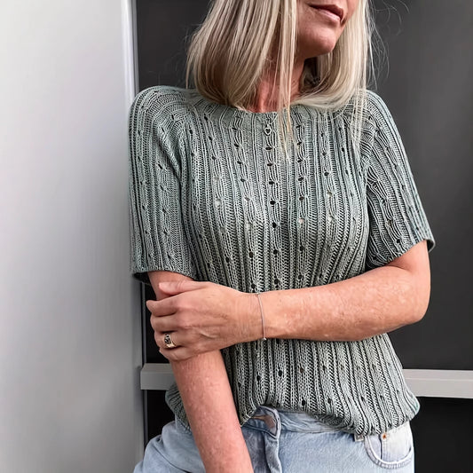 Women's Solid-color Crew-neck Hollow-out Mesh Knit Short-sleeve