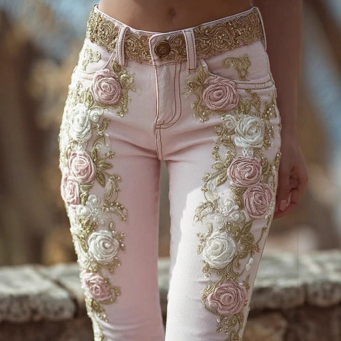 Women's Retro Pink Rose Embroidered Artistic Printed Jeans Elegant