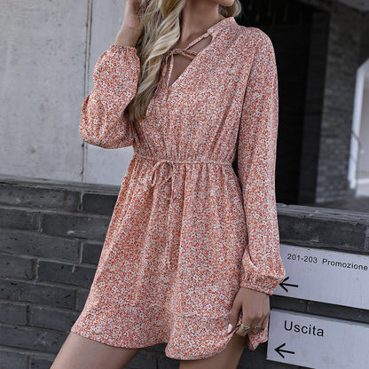 Lace V-Neck Floral Long Sleeve Mid-Length Dress Women